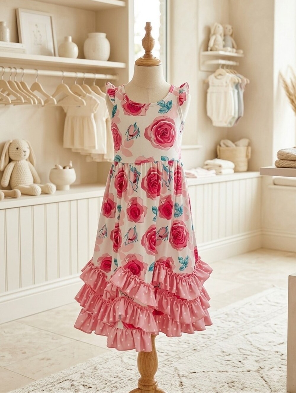 Adorable Sweetness Pink Rose 3 Ruffle Twirl Dress